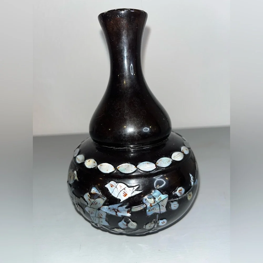 Vintage Orient Express Black Plastic Mother Of Pearl Vase Korea Floral BirdMotif